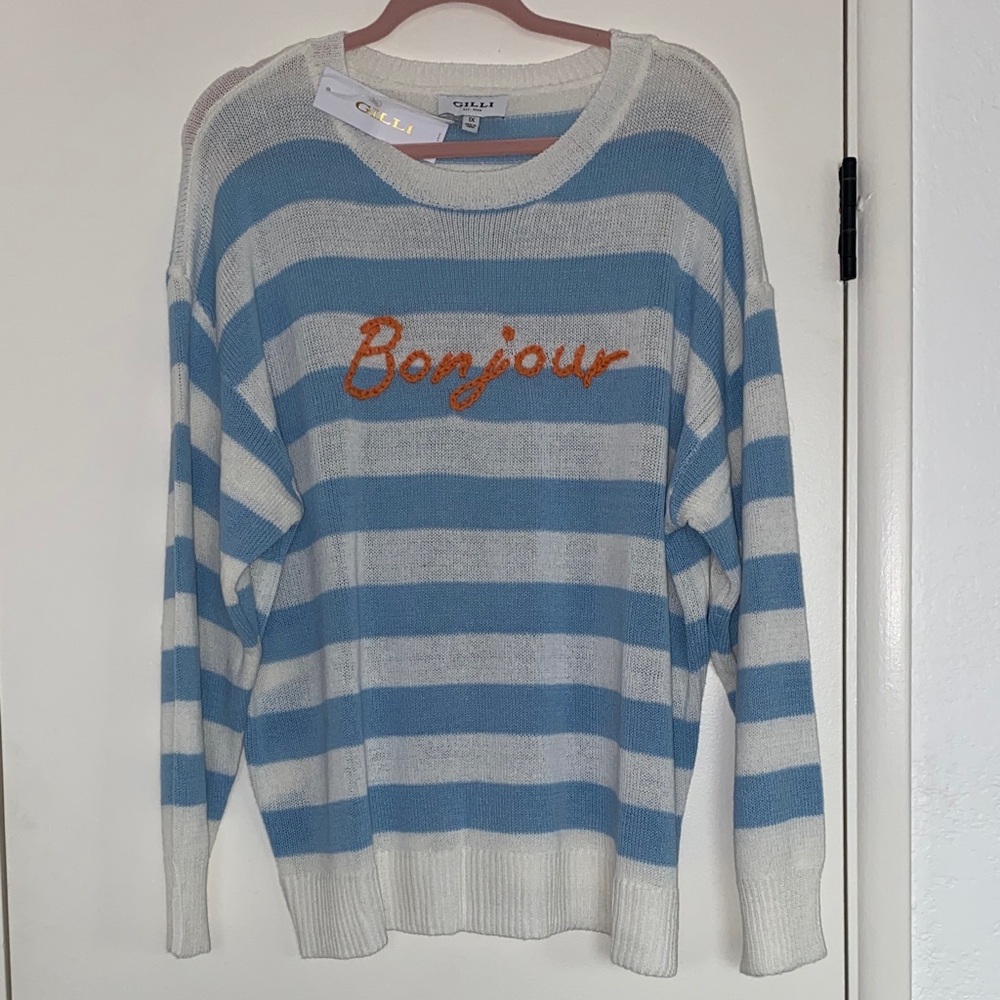 #G929- NWT - Gilli Blue & White Striped 'Bonjour' Crewneck Sweater-1X